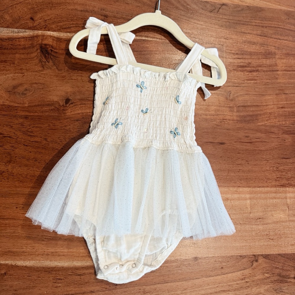 Adorable Cream Baby Dress with Blue Embroidery
